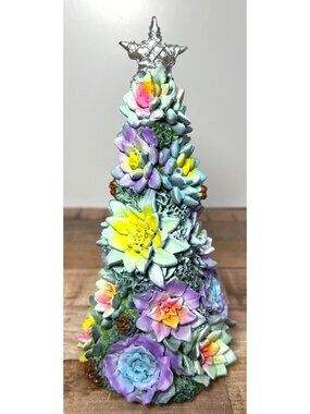Faux Succulent Christmas Tree Colorful Hens and Chicks Pinecones Resin Tabletop